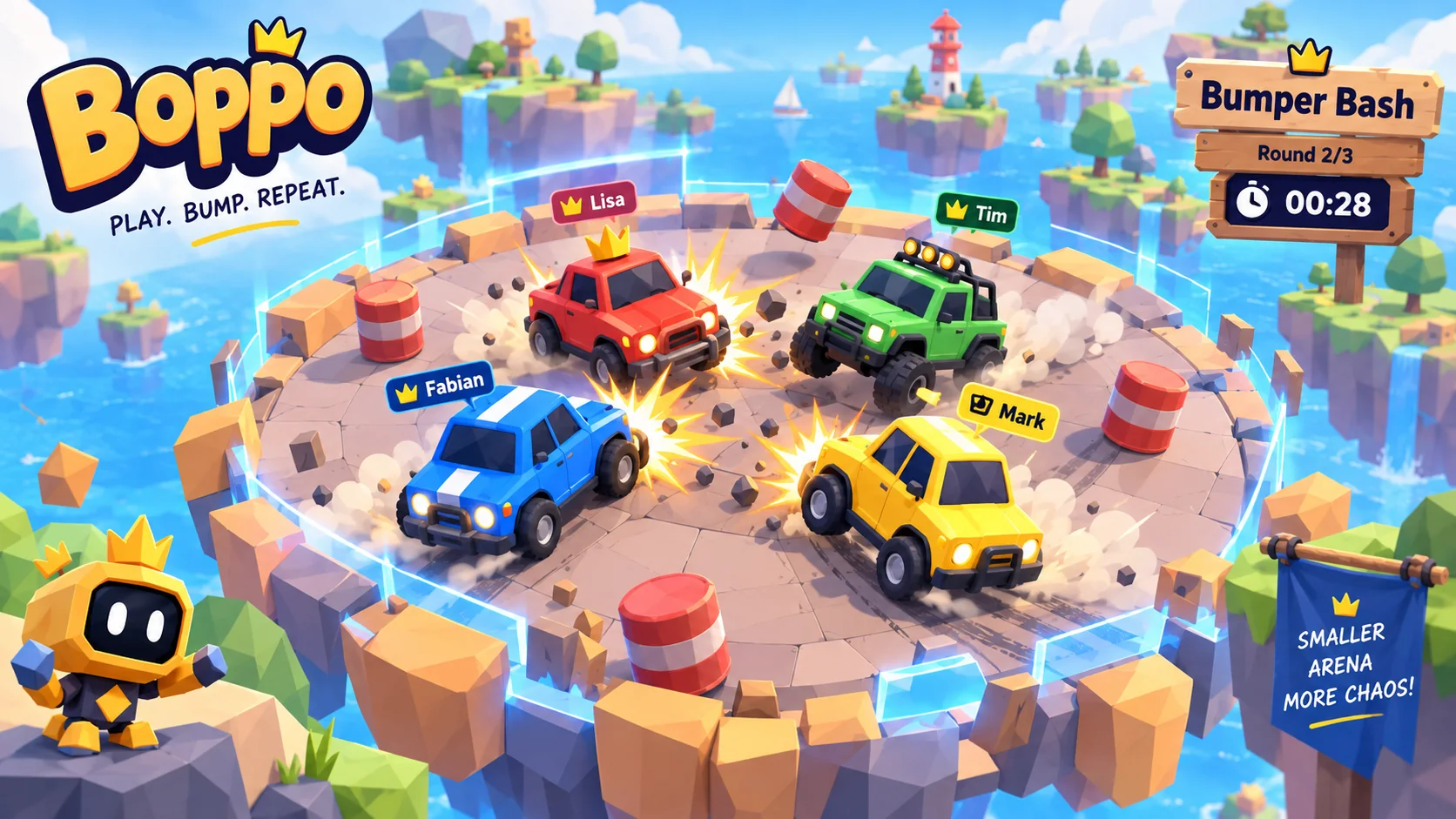 Bumper Bash: vier low-poly auto's botsen op een krimpend eilandplatform, met de namen van de spelers erboven.