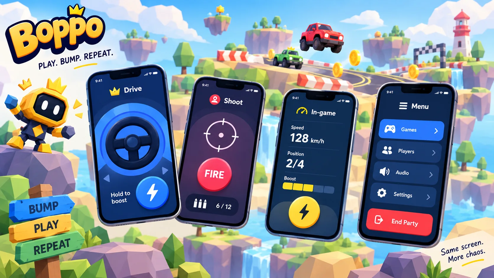 Telefoons als controller: stuur, vuurknop, snelheid en het menu van de game lead.